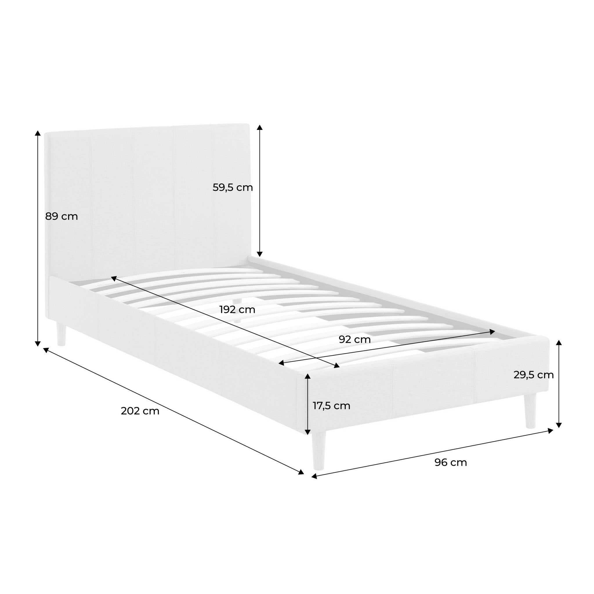 Struttura letto con rete a doghe e testiera 90cm, tessuto semplice,