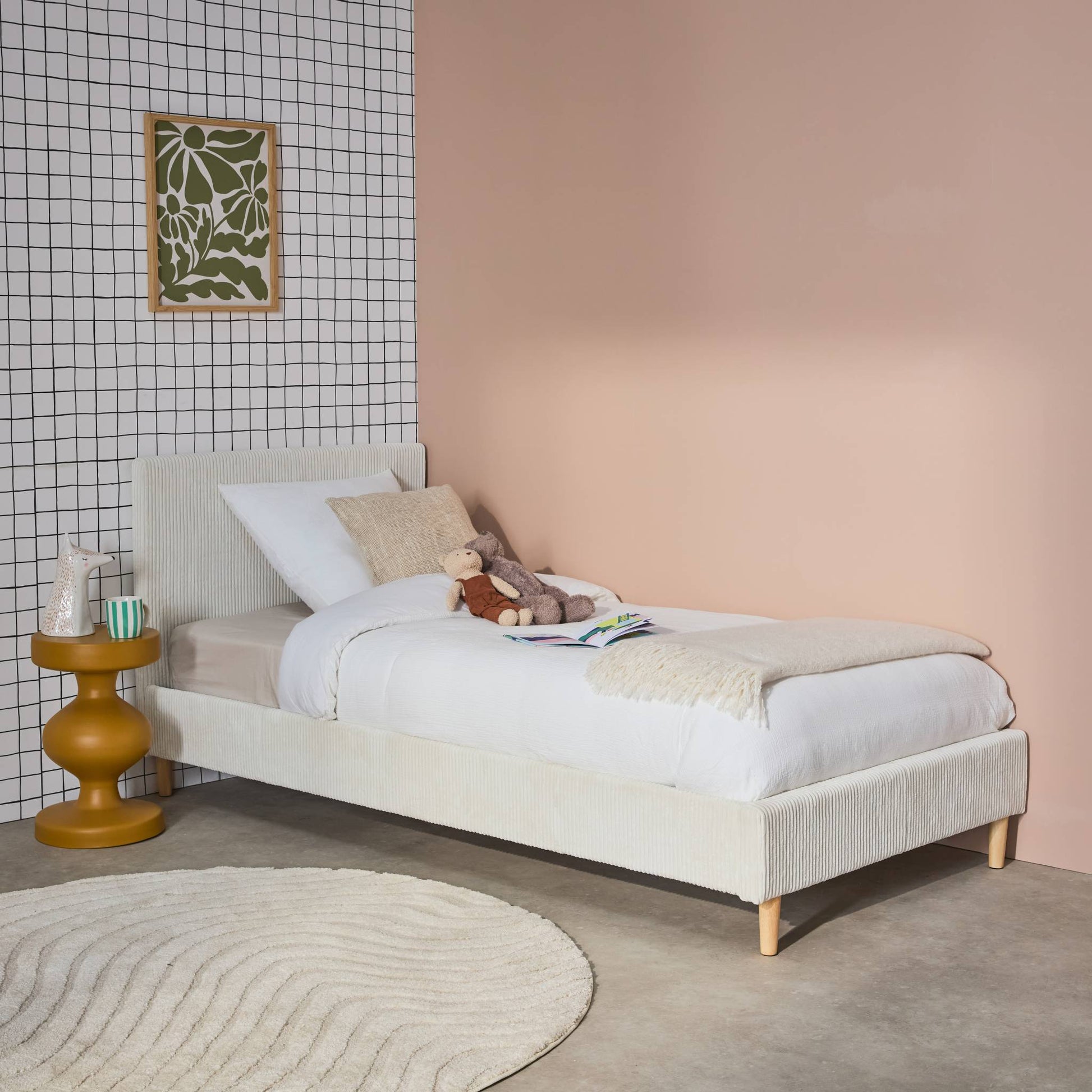 Struttura letto con rete a doghe e testiera 90cm, velluto a coste