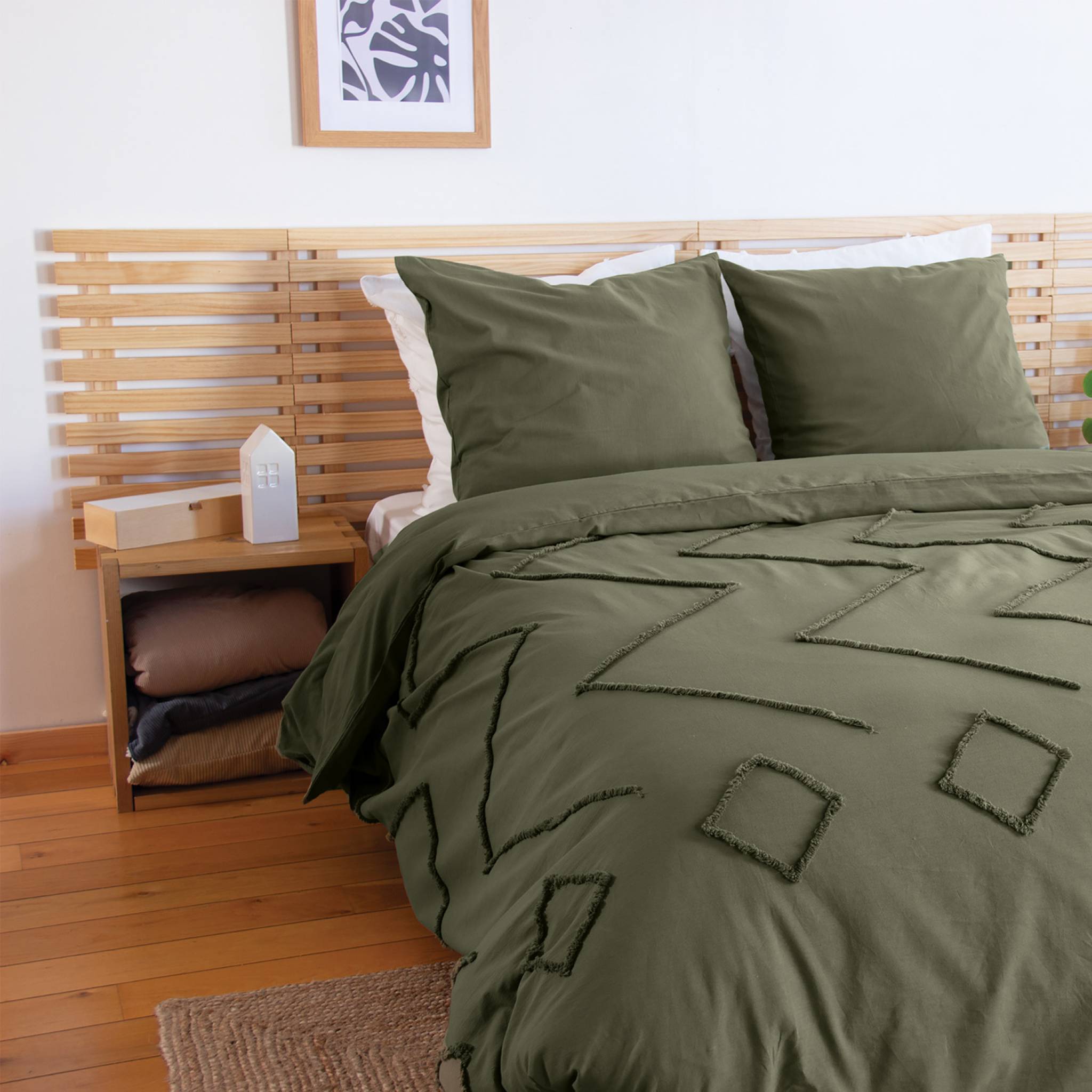 Set copripiumino in cotone, tufted etnico verde a 2 piazze