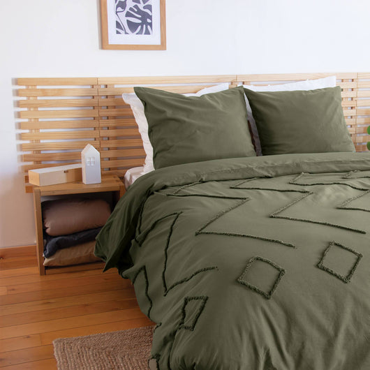 Set copripiumino in cotone, tufted etnico verde a 2 piazze