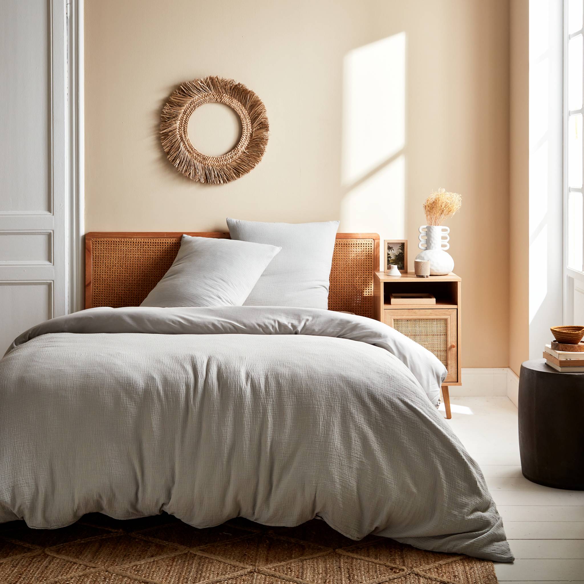 Completo letto in mussola di cotone grigio chiaro, 2 posti