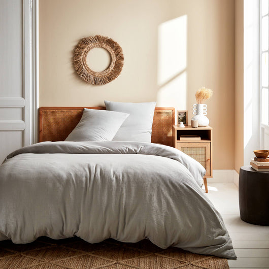 Completo letto in mussola di cotone grigio chiaro, 2 posti