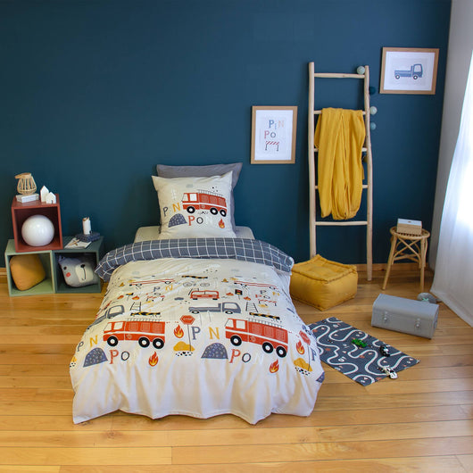 Parure da letto reversibile in microfibra stampato pompiere, 140cm,