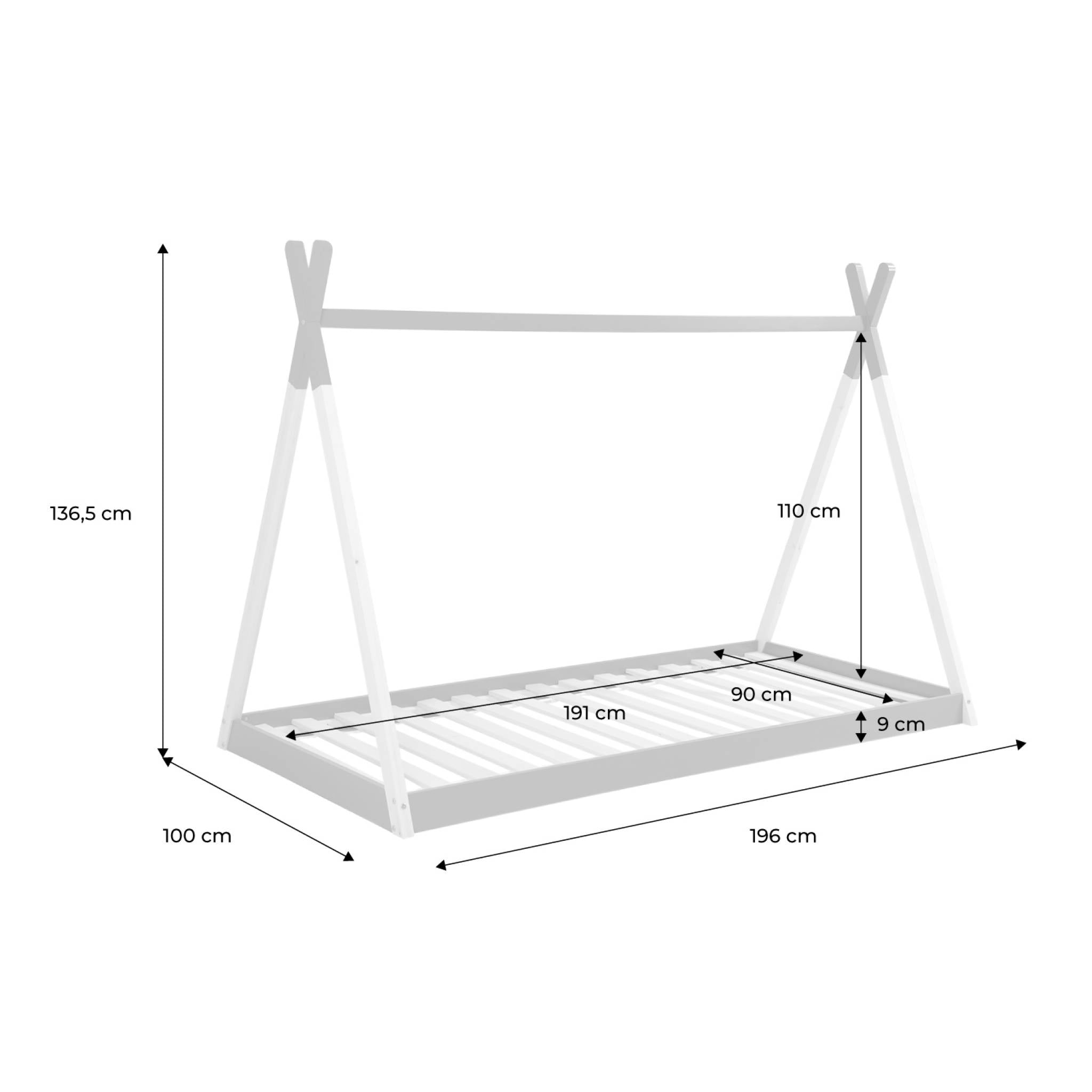 Letto tenda per bambini 90 x 190cm pino naturale, base inclusa, verde