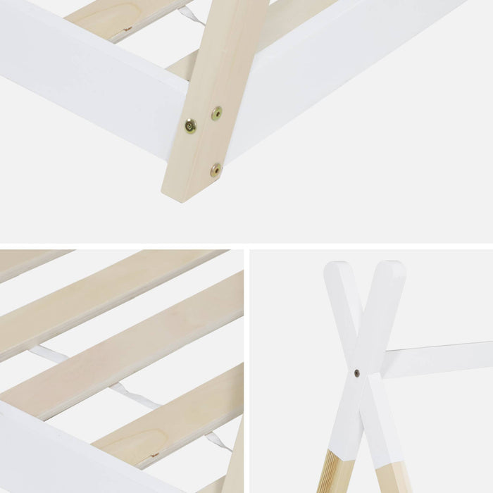 Letto tenda per bambini 190cm pino naturale, base inclusa, bianco