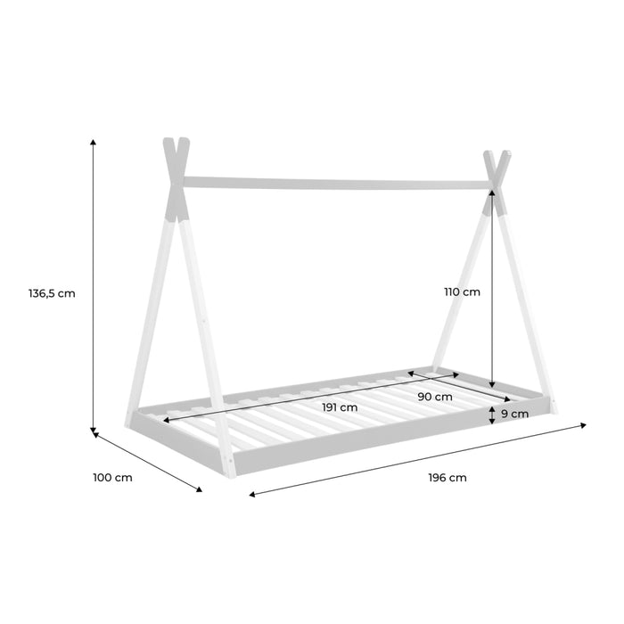 Letto tenda per bambini 190cm pino naturale, base inclusa, bianco
