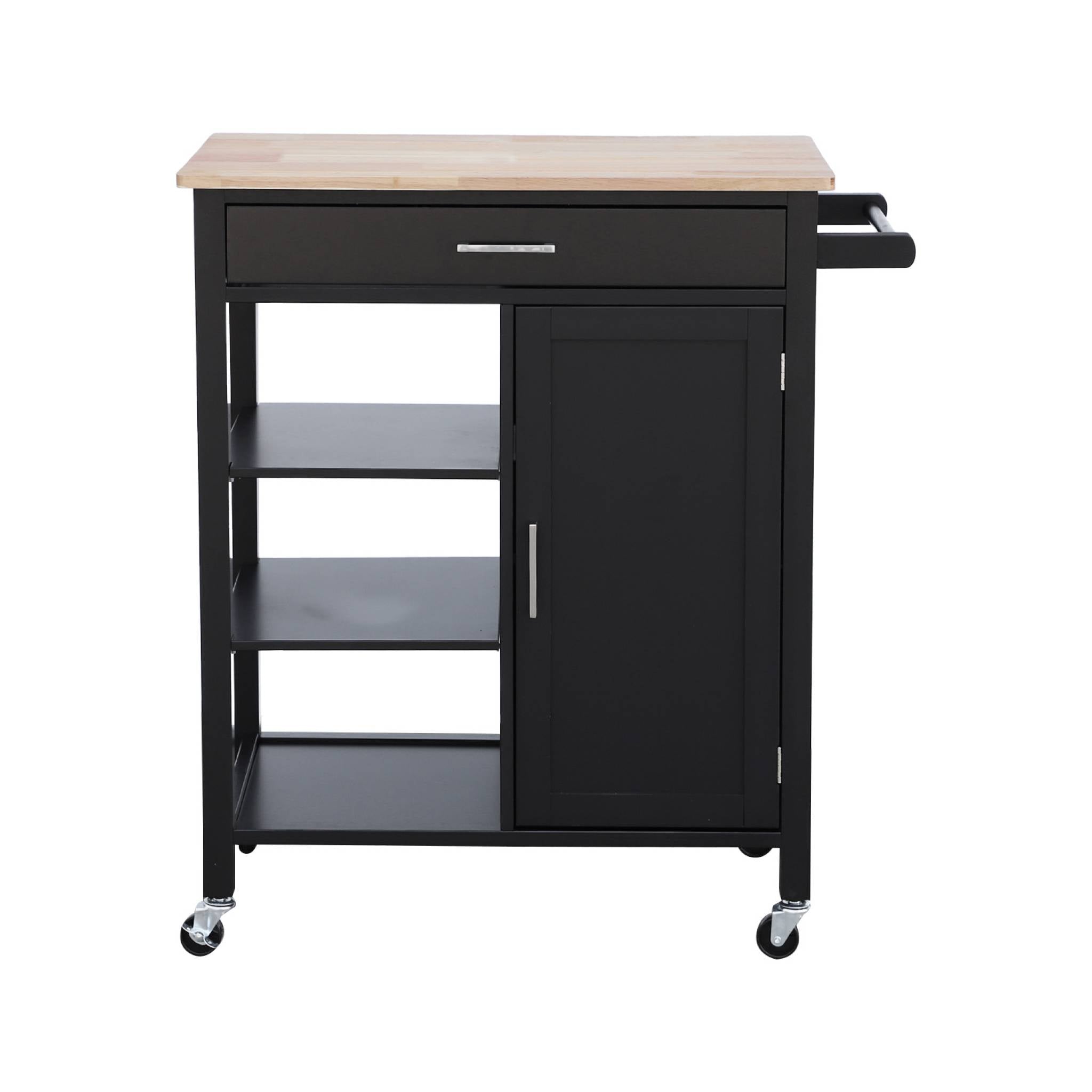 Carrello da cucina in legno di gomma con manico, nero