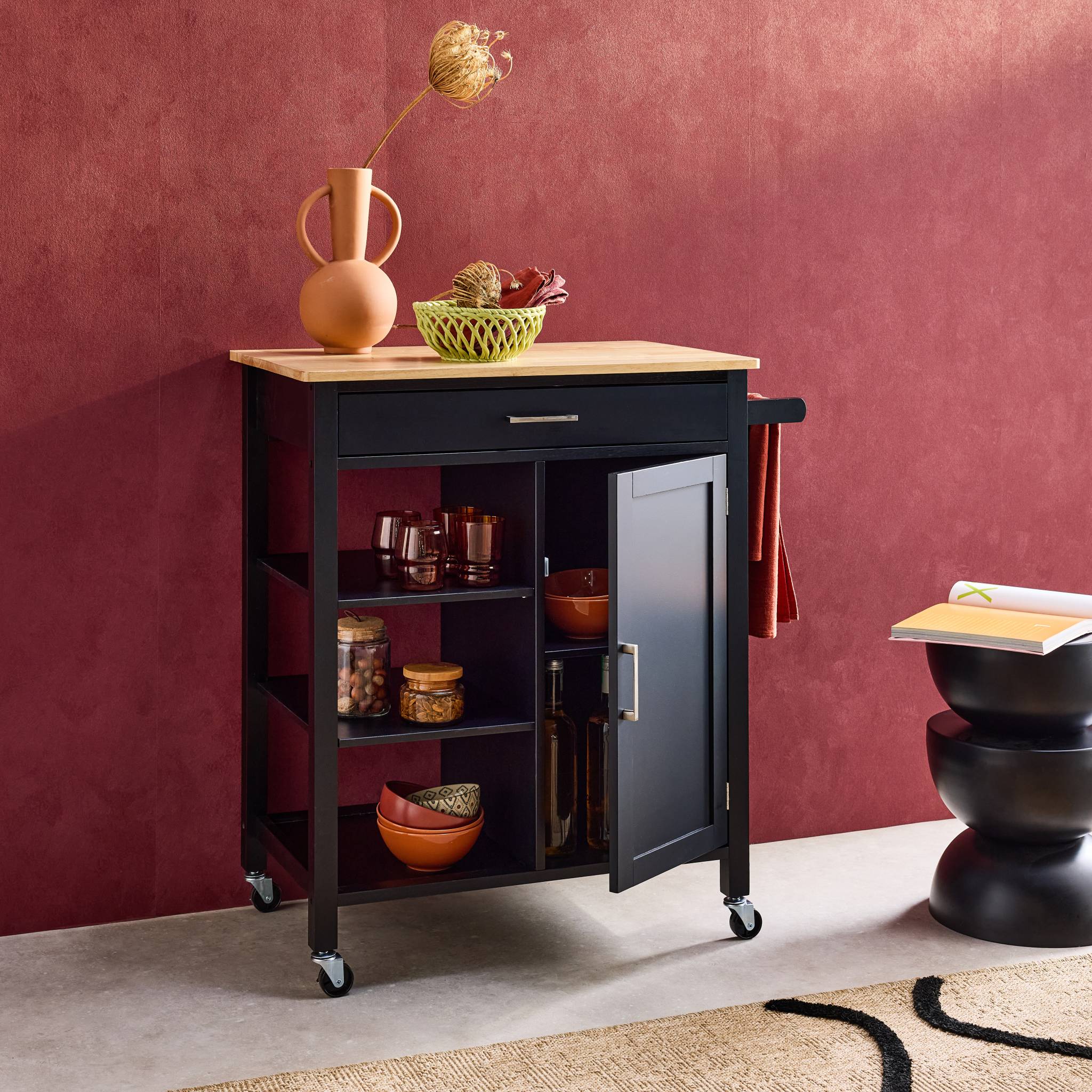 Carrello da cucina in legno di gomma con manico, nero
