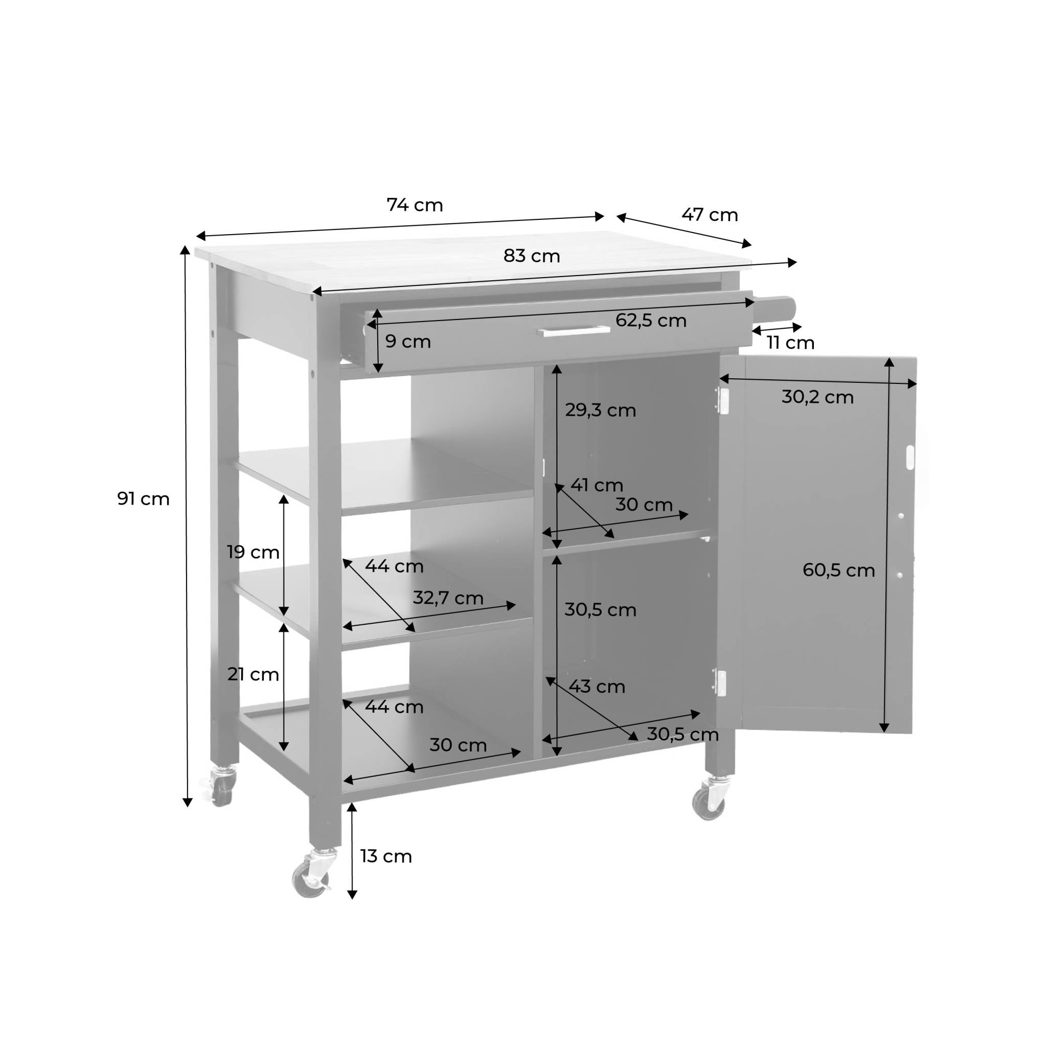 Carrello da cucina in legno di gomma con manico, nero