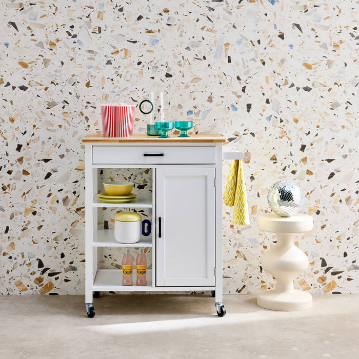 Carrello da cucina in legno di gomma con manico, bianco