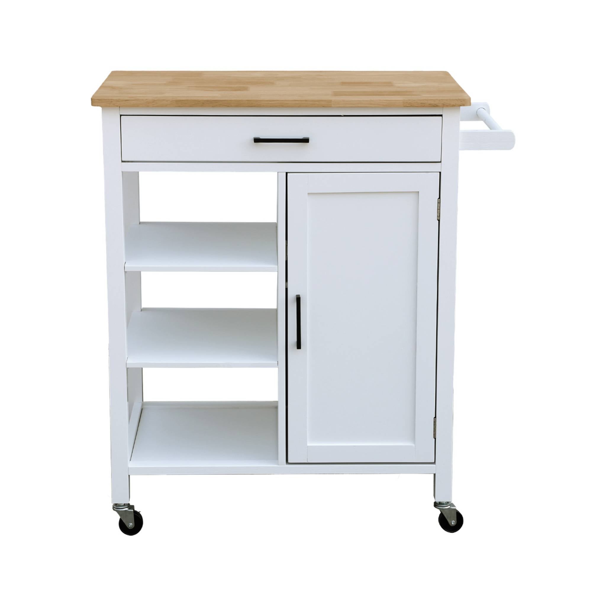 Carrello da cucina in legno di gomma con manico, bianco