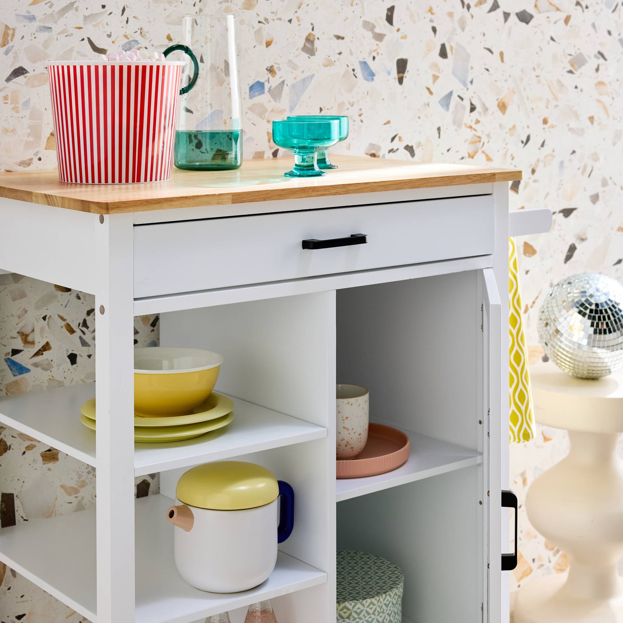 Carrello da cucina in legno di gomma con manico, bianco