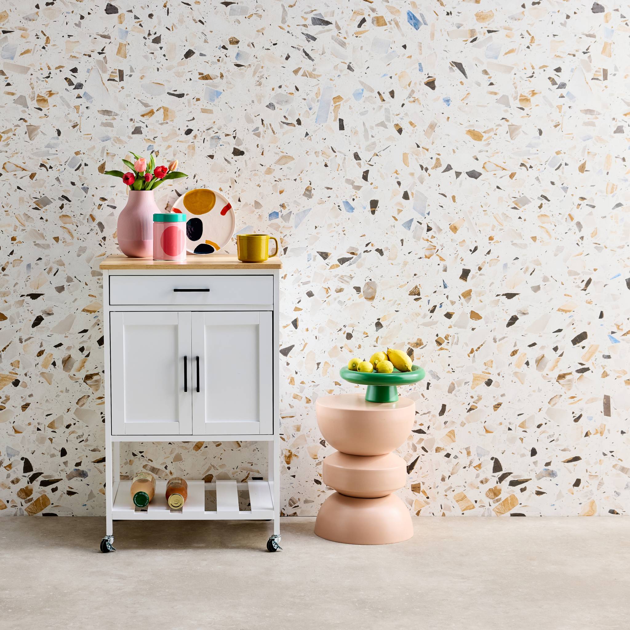 Carrello da cucina in legno di gomma, bianco