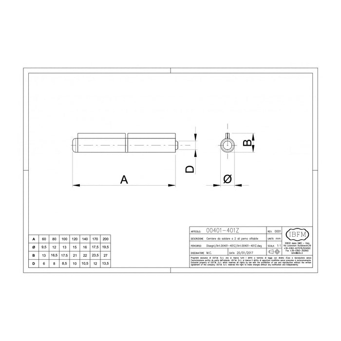 Ibfm 140mm a 2 ali cerniera da saldare per porte a battente in metallo