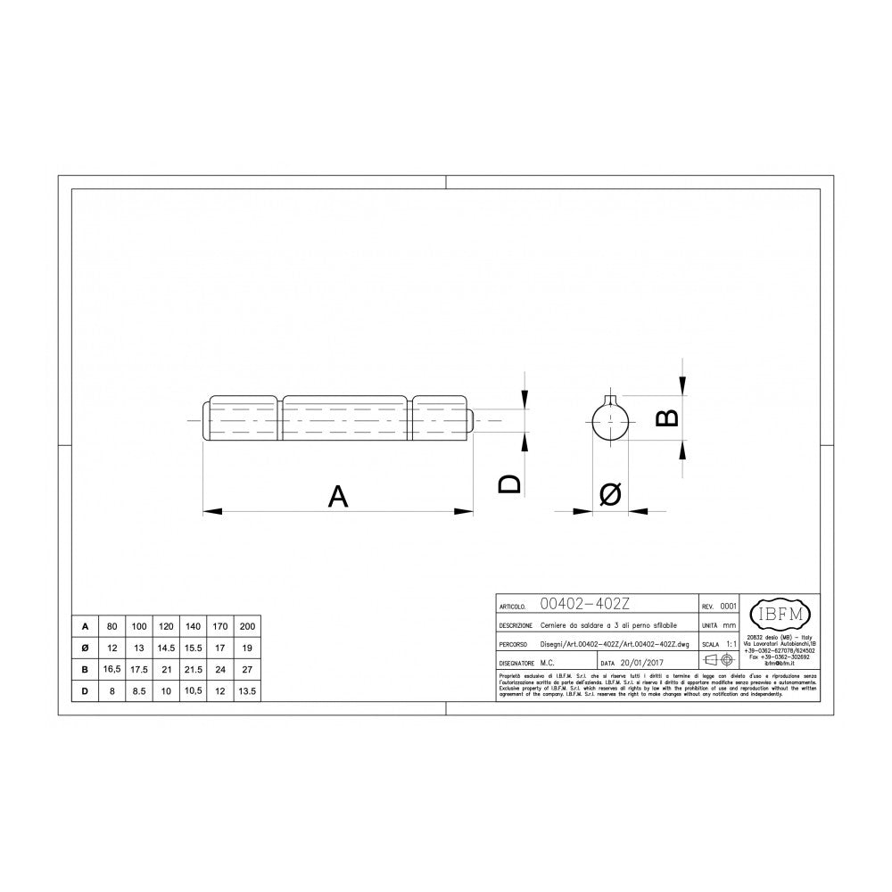 Ibfm 200mm a 3 ali cerniera da saldare per porte a battente in metallo