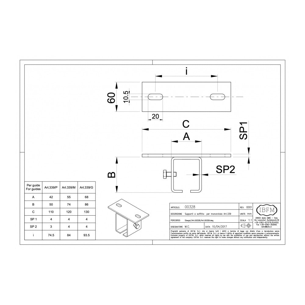 Ibfm art. 328 supporto a soffitto in acciaio zincato per monorotaia 339p