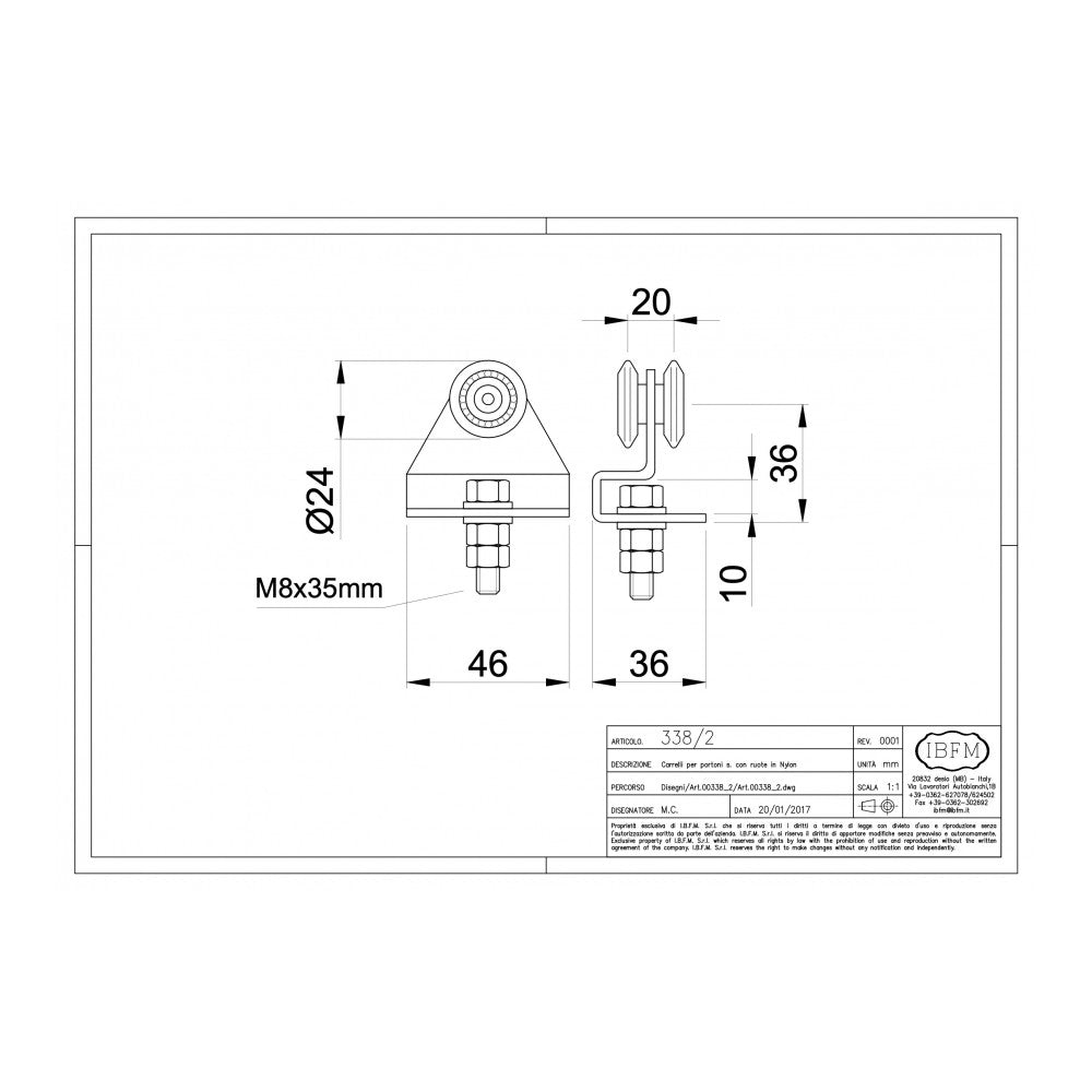 Ibfm art. 338/2 carrello in acciaio zincato con staffa e 2 ruote da 24m per monorotaia 339p