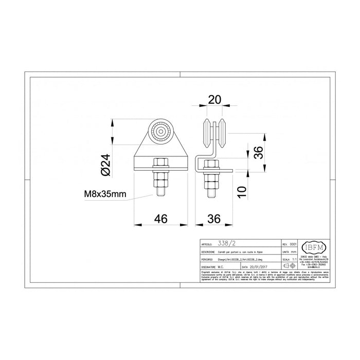 Ibfm art. 338/2 carrello in acciaio zincato con staffa e 2 ruote da 24m per monorotaia 339p