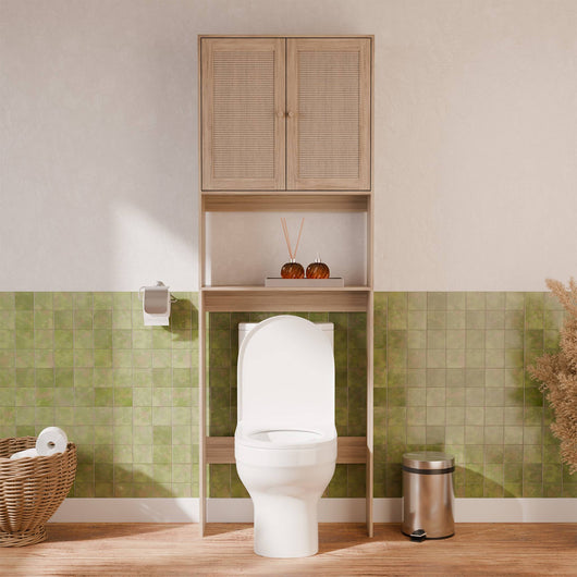 Mensola mobile wc decorato in legno e canna, marrone naturale