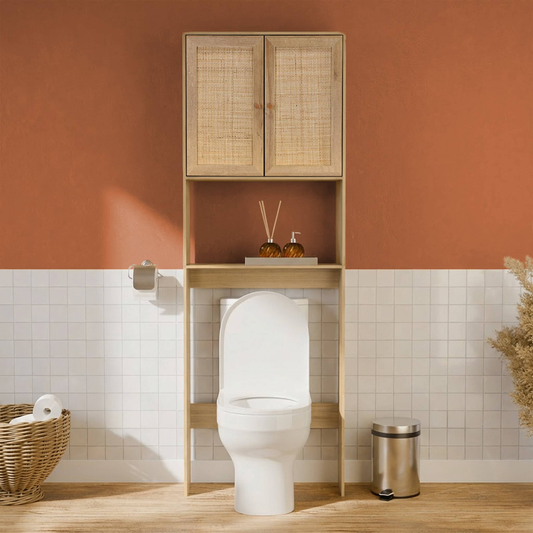 Mensola mobile wc decorato in legno e canna, marrone naturale
