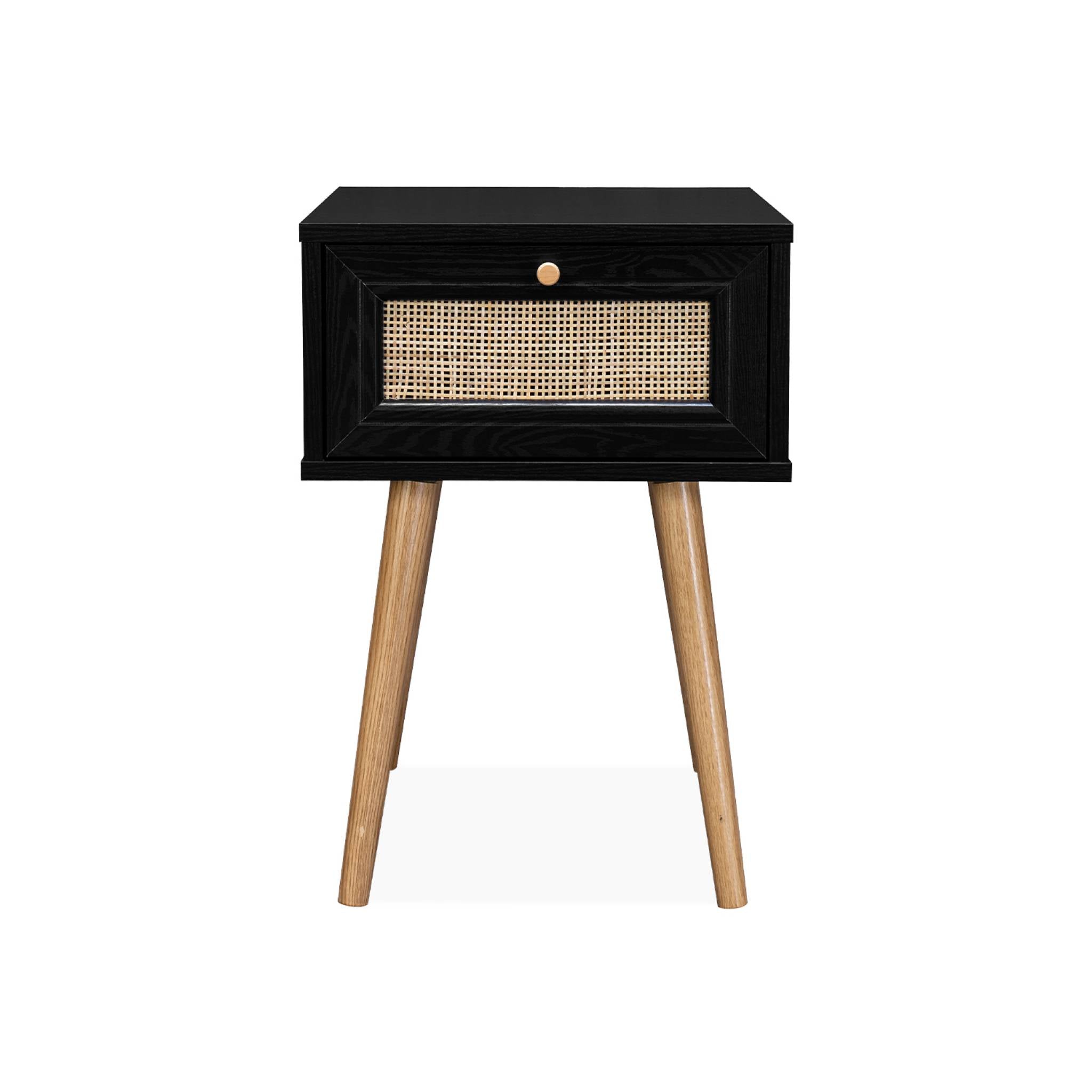 Comodino effetto legno e intrecciatura cannage, 1 cassetto, nero