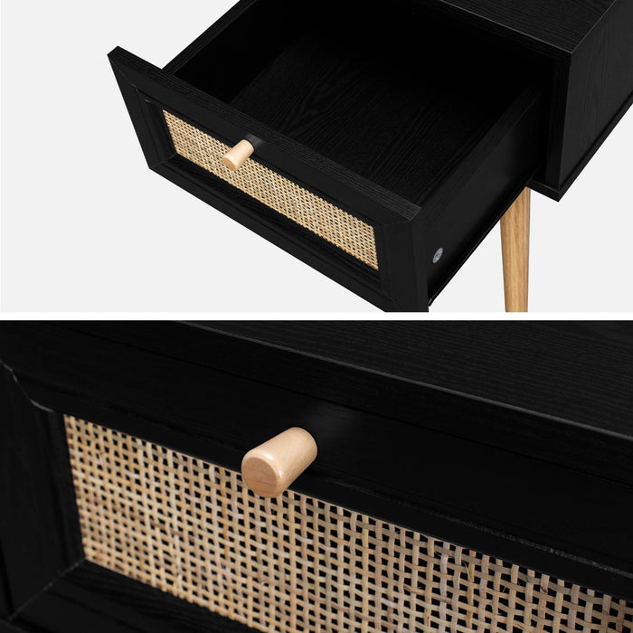 Comodino effetto legno e intrecciatura cannage, 1 cassetto, nero