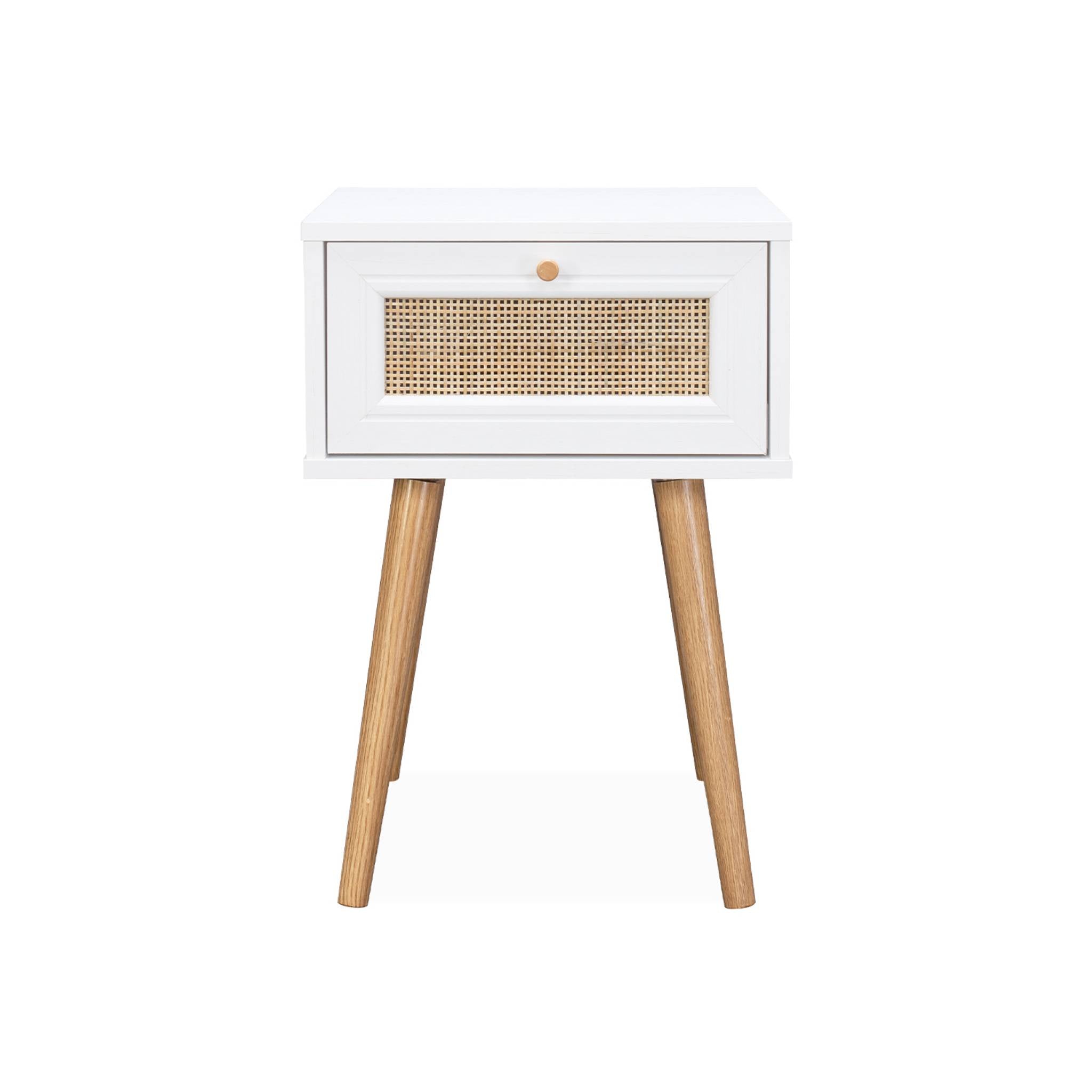 Comodino effetto legno e intrecciatura cannage, 1 cassetto, bianco