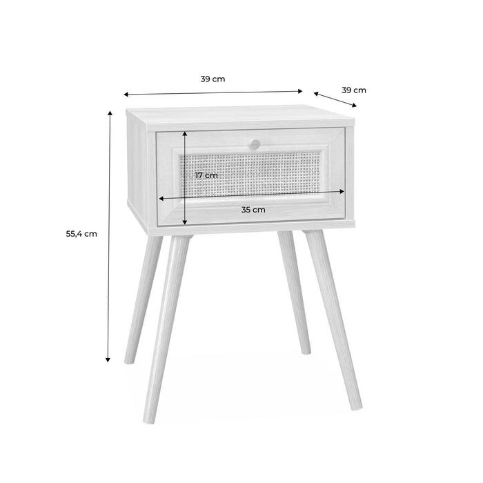 Comodino effetto legno e intrecciatura cannage, 1 cassetto, nero