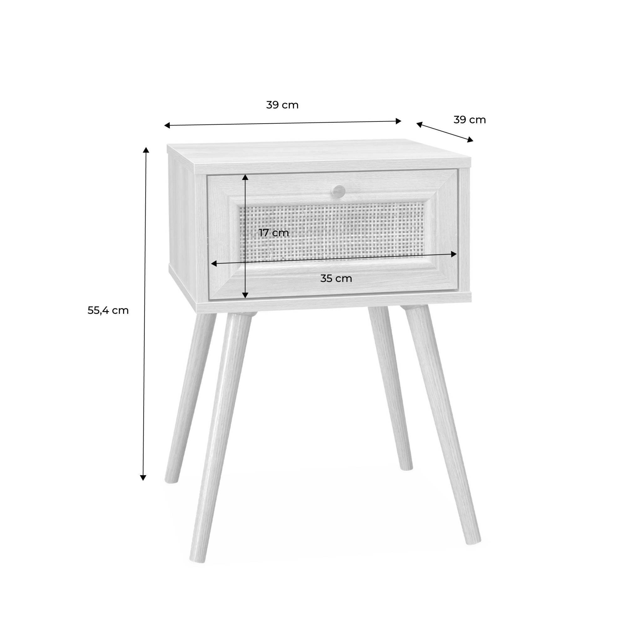 Comodino effetto legno e intrecciatura cannage, 1 cassetto, bianco
