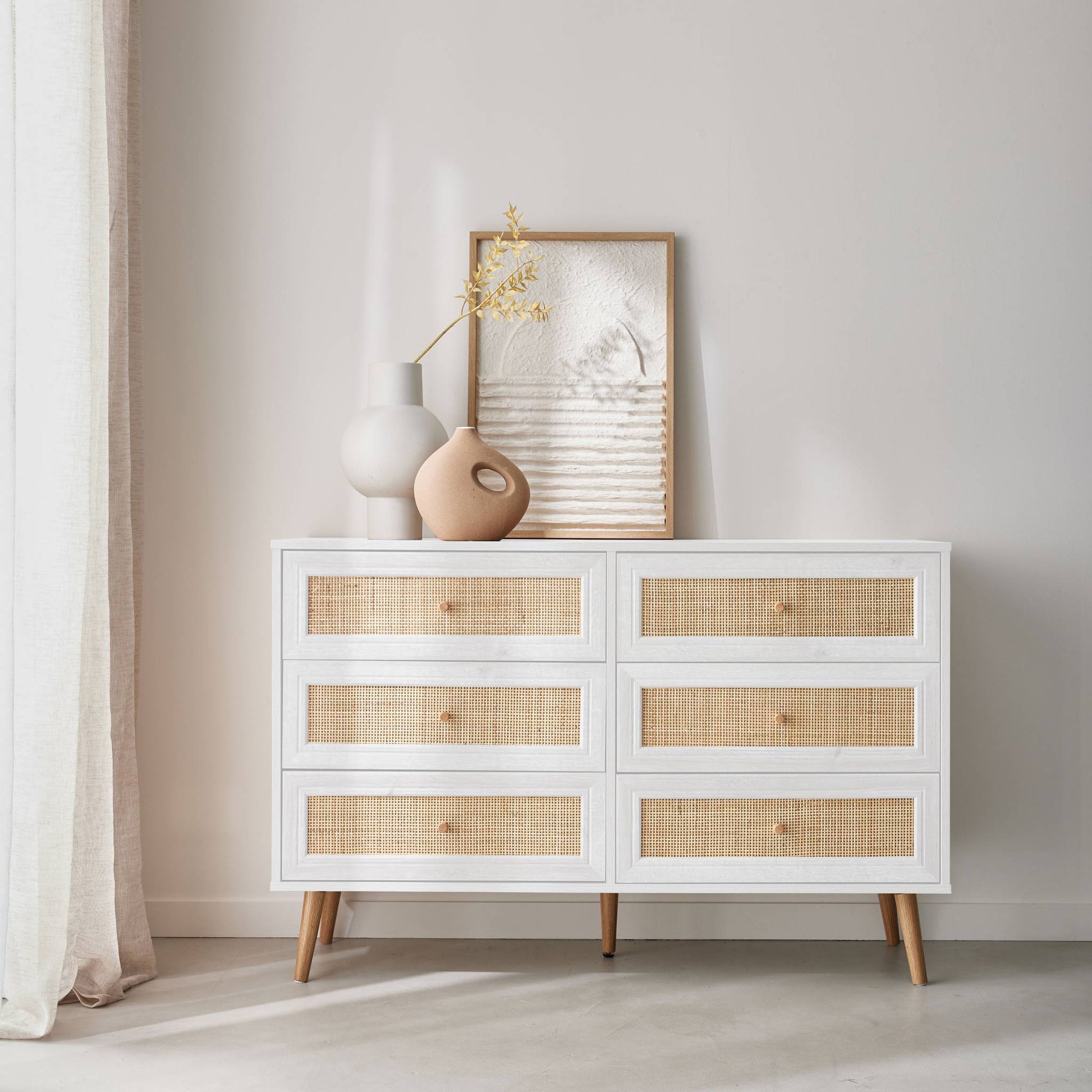 Cassettiera effetto legno e canna a 6 cassetti, bianco