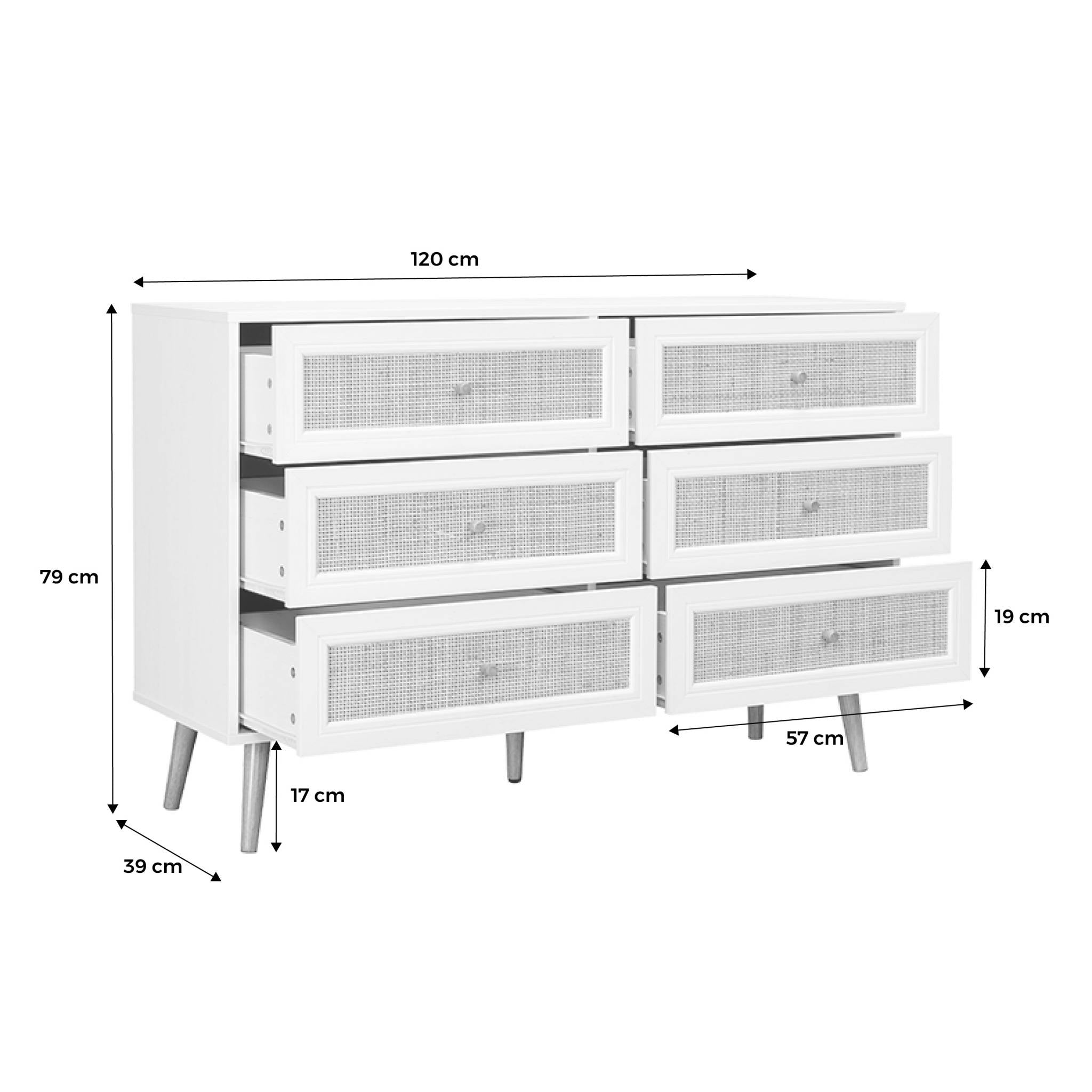 Cassettiera effetto legno e canna a 6 cassetti, bianco