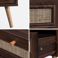 Tavolino scandinavo in vimini, 1 cassetto, marrone scuro naturale