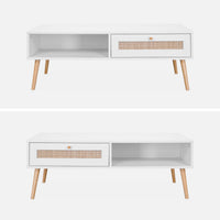 Tavolino scandinavo in vimini, 1 cassetto, bianco sporco