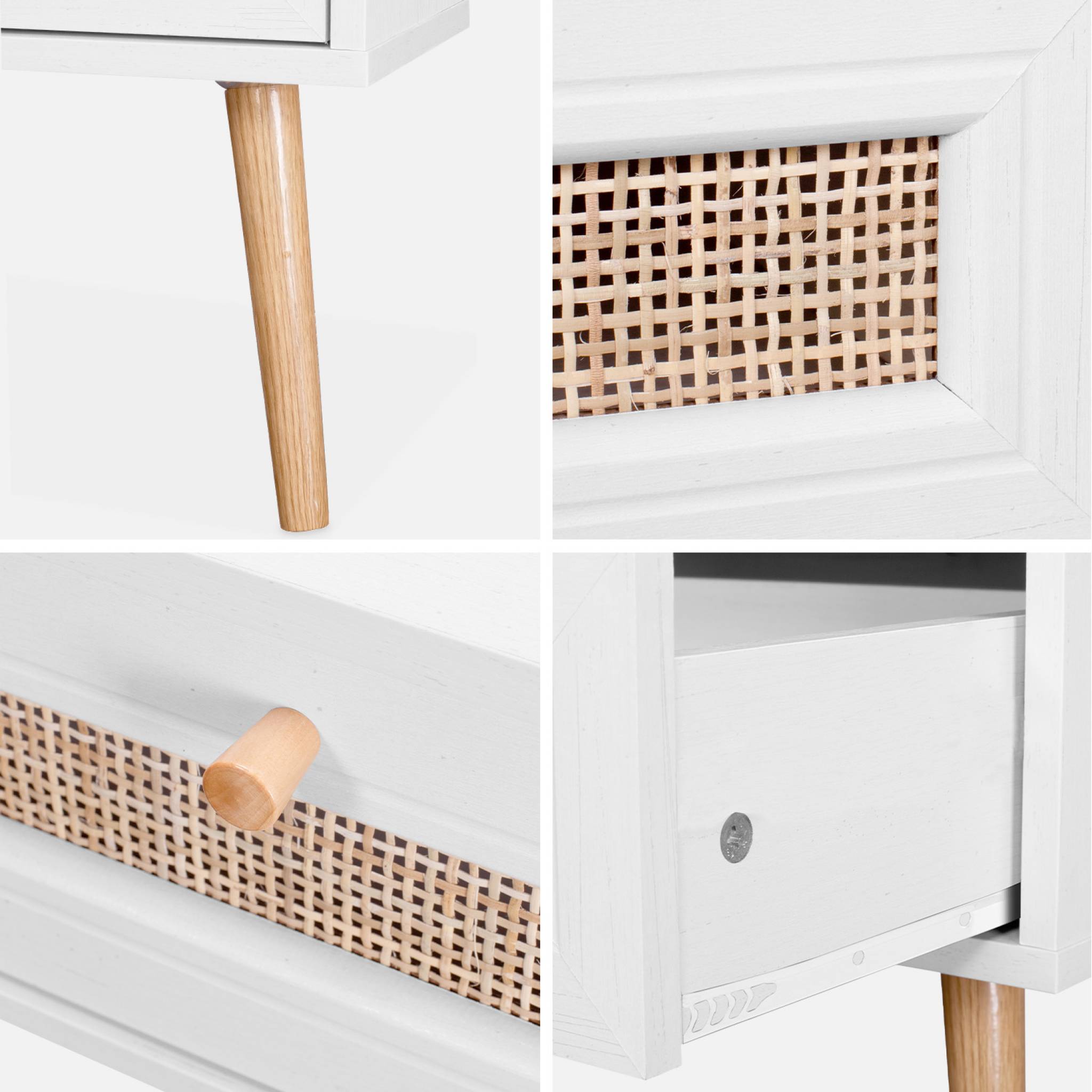 Tavolino scandinavo in vimini, 1 cassetto, bianco sporco