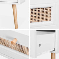 Tavolino scandinavo in vimini, 1 cassetto, bianco sporco