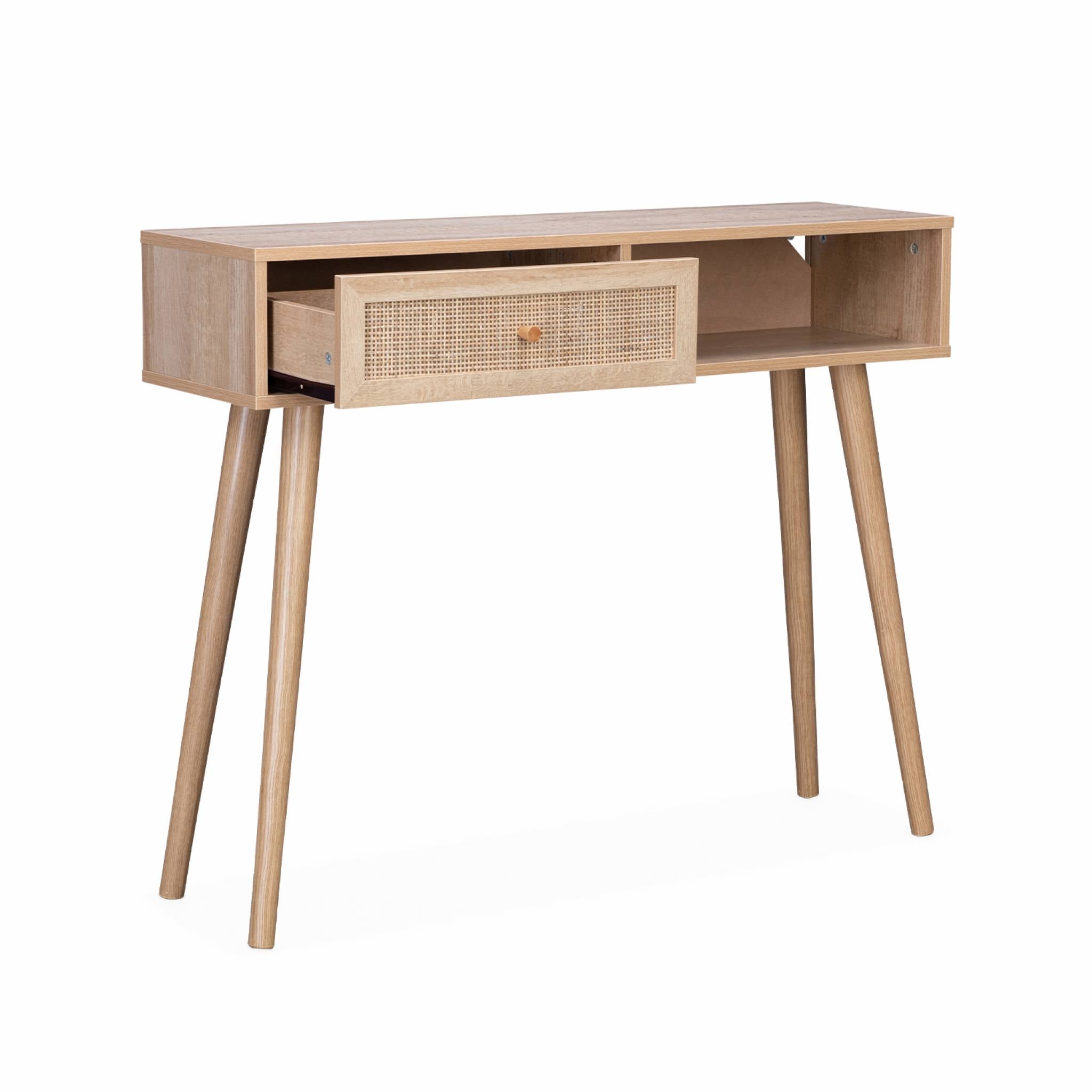 Consolle scandinava con effetto legno e canna, 100cm, marrone naturale