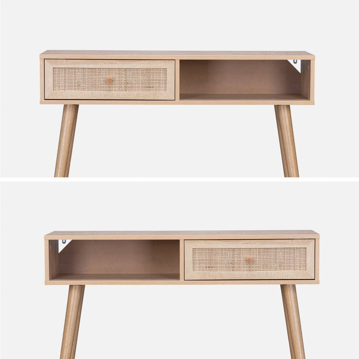 Consolle scandinava con effetto legno e canna, 100cm, marrone naturale