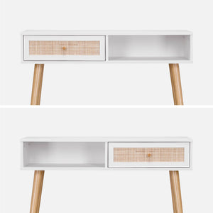 Consolle scandinava con effetto legno e canna, 100cm, bianco sporco