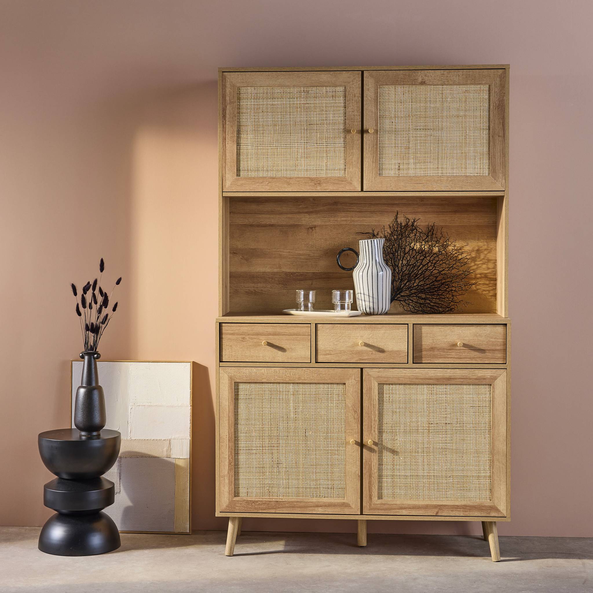 Credenza decorazione in legno e cannage 4 ante e 3 cassetti, 110cm,