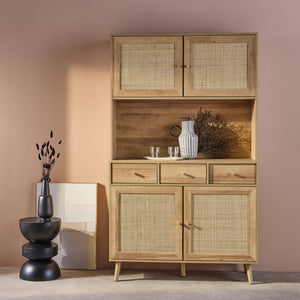 Credenza decorazione in legno e cannage 4 ante e 3 cassetti, 110cm,