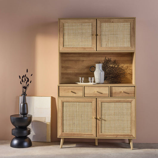 Credenza decorazione in legno e cannage 4 ante e 3 cassetti, 110cm,