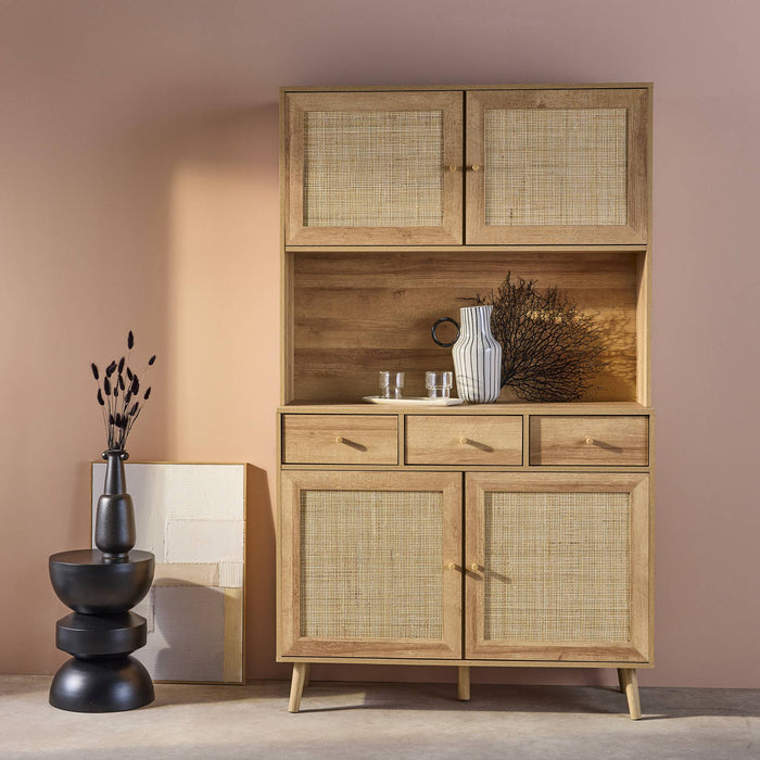 Credenza decorazione in legno e cannage 4 ante e 3 cassetti, 110cm,