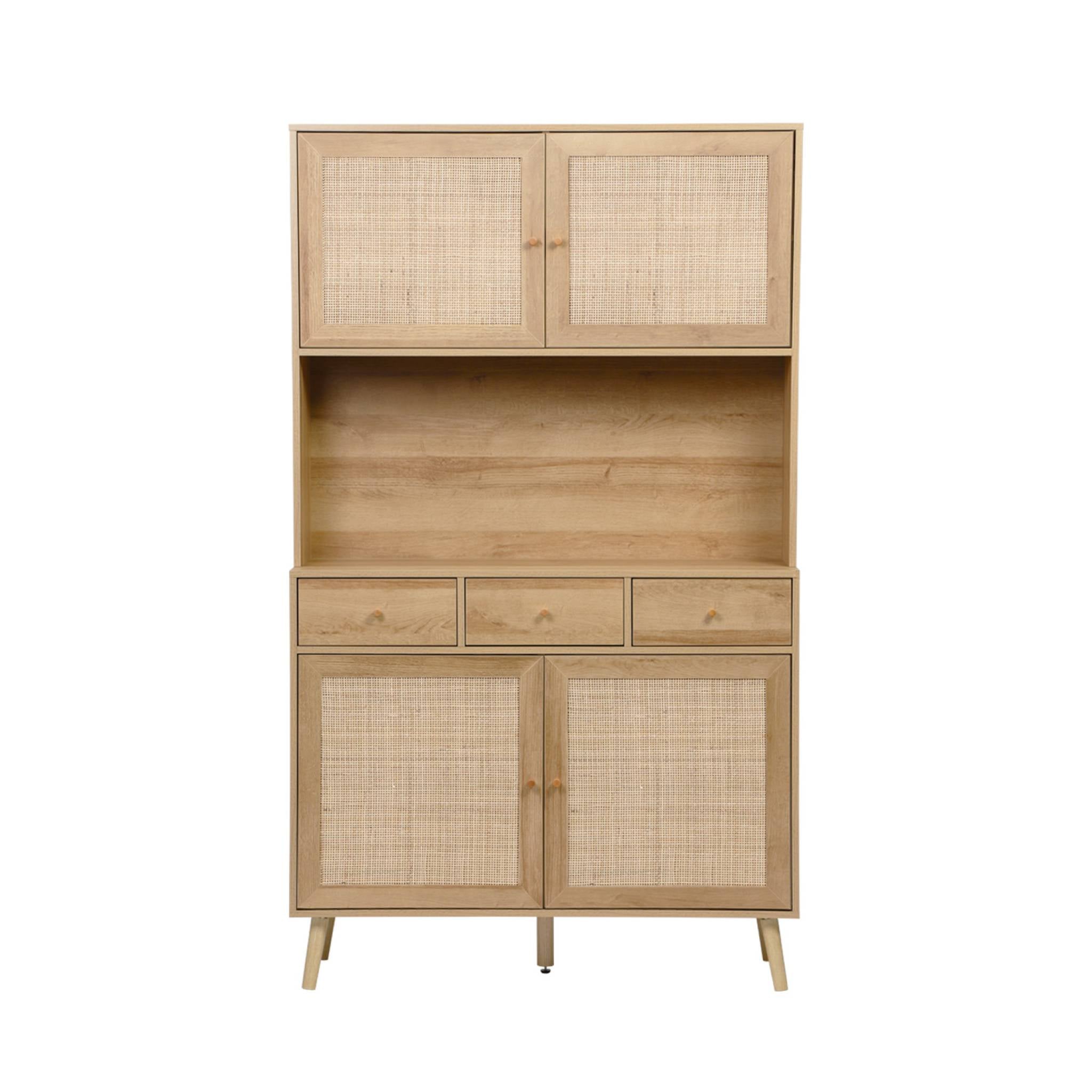 Credenza decorazione in legno e cannage 4 ante e 3 cassetti, 110cm,