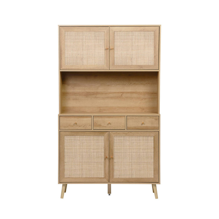 Credenza decorazione in legno e cannage 4 ante e 3 cassetti, 110cm,