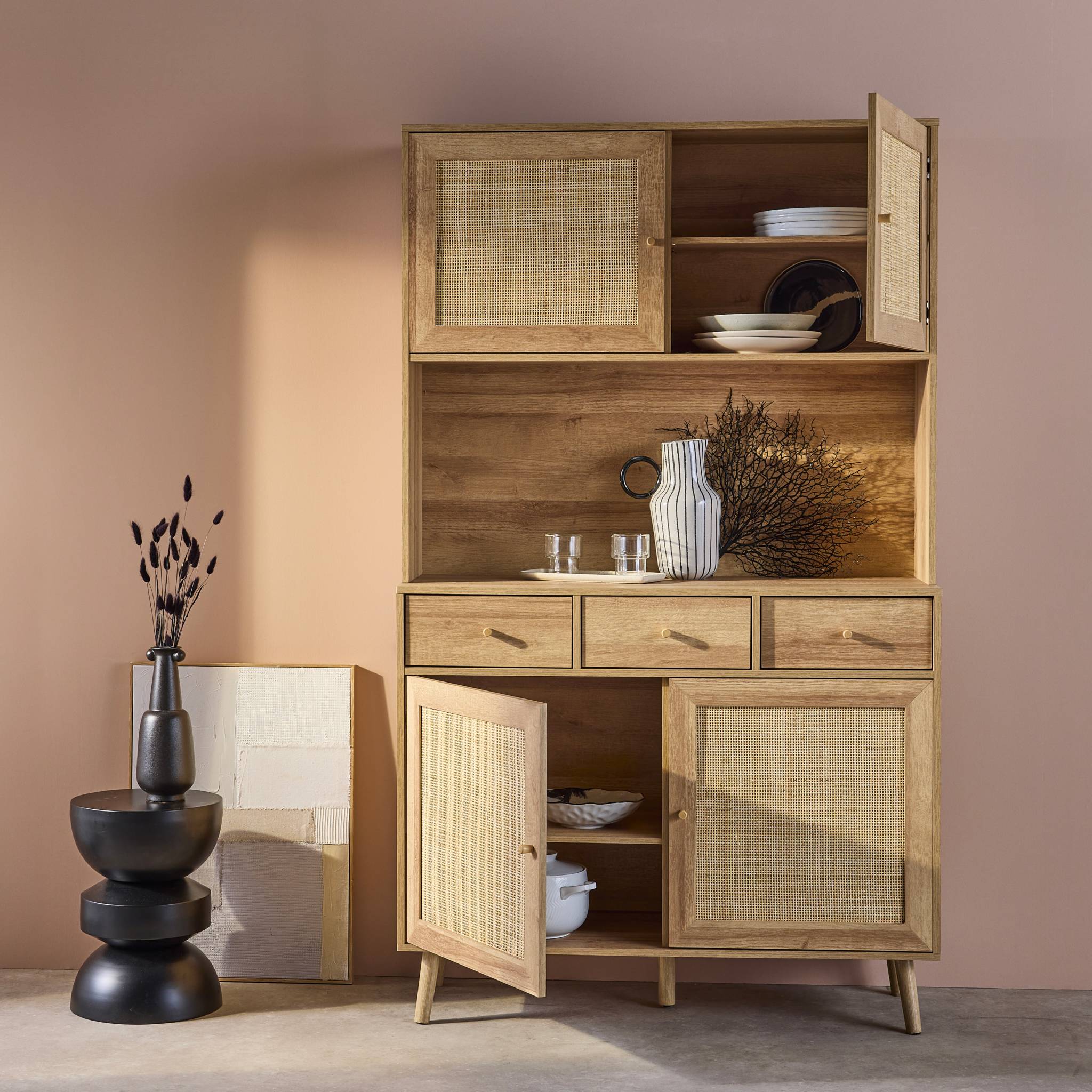 Credenza decorazione in legno e cannage 4 ante e 3 cassetti, 110cm,