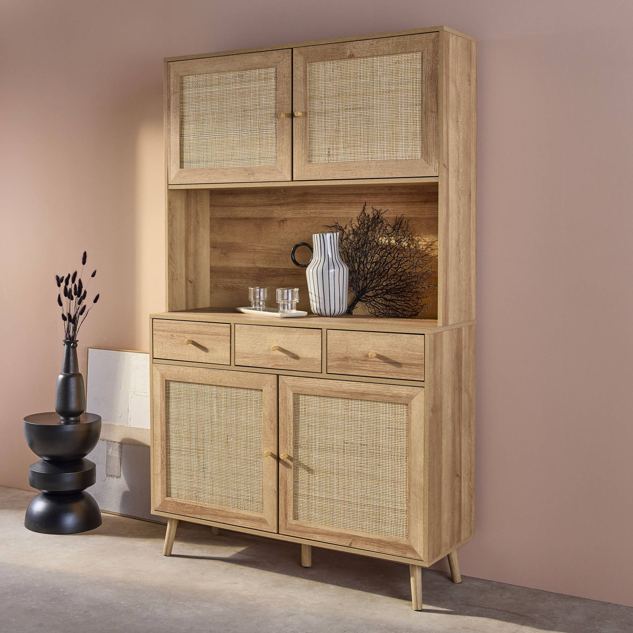 Credenza decorazione in legno e cannage 4 ante e 3 cassetti, 110cm,