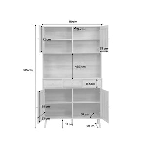 Credenza decorazione in legno e cannage 4 ante e 3 cassetti, 110cm,