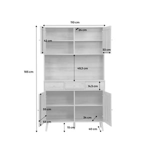 Credenza decorazione in legno e cannage 4 ante e 3 cassetti, 110cm,