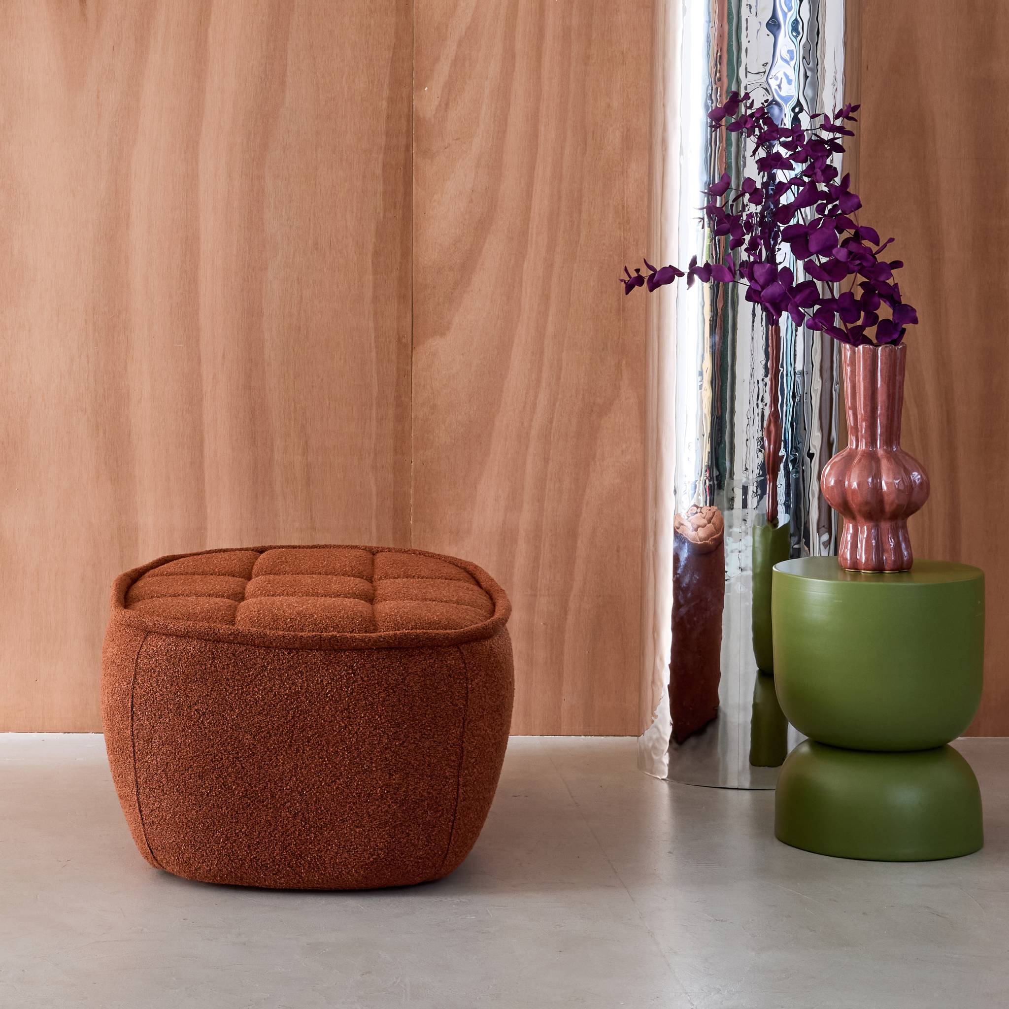 Pouf, poggiapiedi per poltrona boni bouclé texturizzata, terracotta