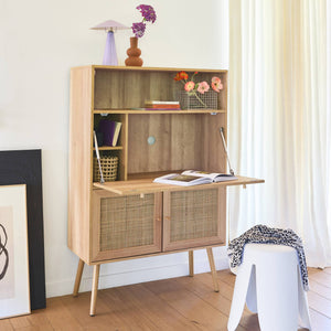 Scrittoio effetto legno e canna da zuccheroa, 2 ante con ripiani,